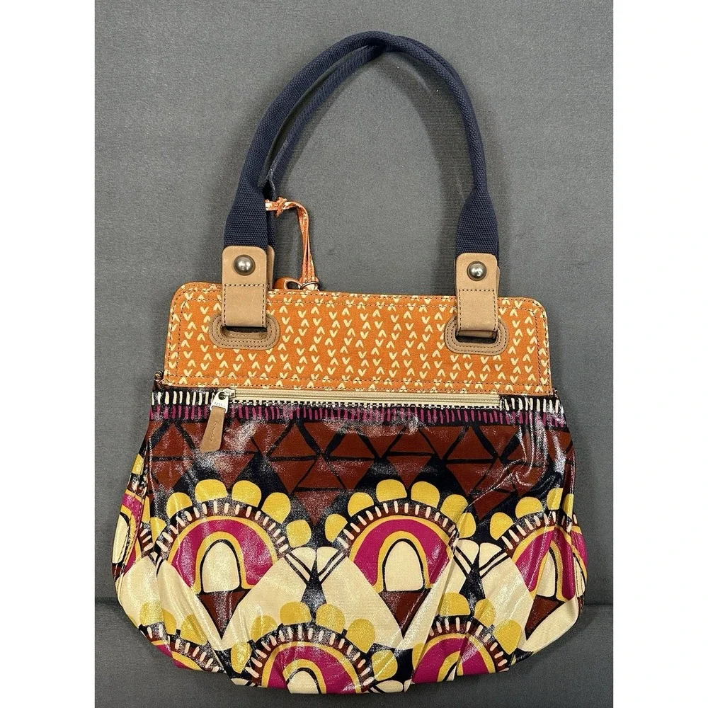 Fossil Key Per Bag Coated Canvas Shoulder Purse Tote Floral Aztec Orange Brown